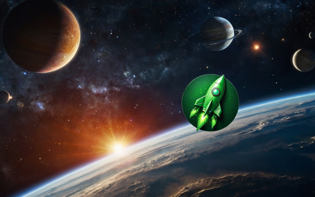 Kuvituskuva avaruudesta, kuvassa avaruusrakettia kuvaava ikoni