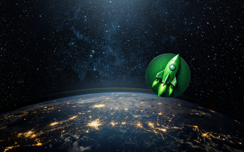 Kuvituskuva avaruudesta, kuvassa avaruusrakettia kuvaava ikoni