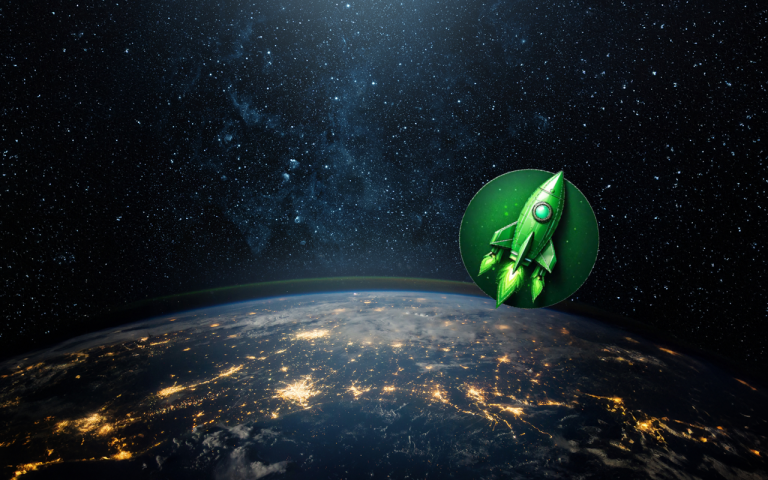 Kuvituskuva avaruudesta, kuvassa avaruusrakettia kuvaava ikoni