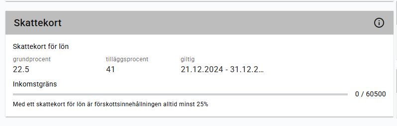 Skattekortsinformationen visas till vänster på sidan.