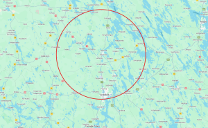 Kuva kartasta, johon on piirretty ympyrä.